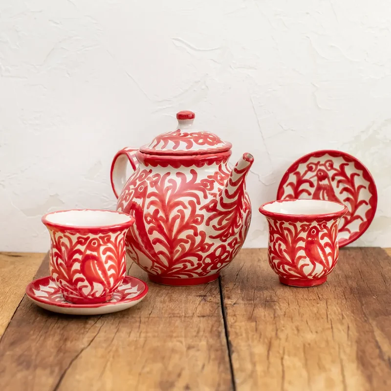 Juego de Café Cerámica Tradicional Granadina Repintado Rojo