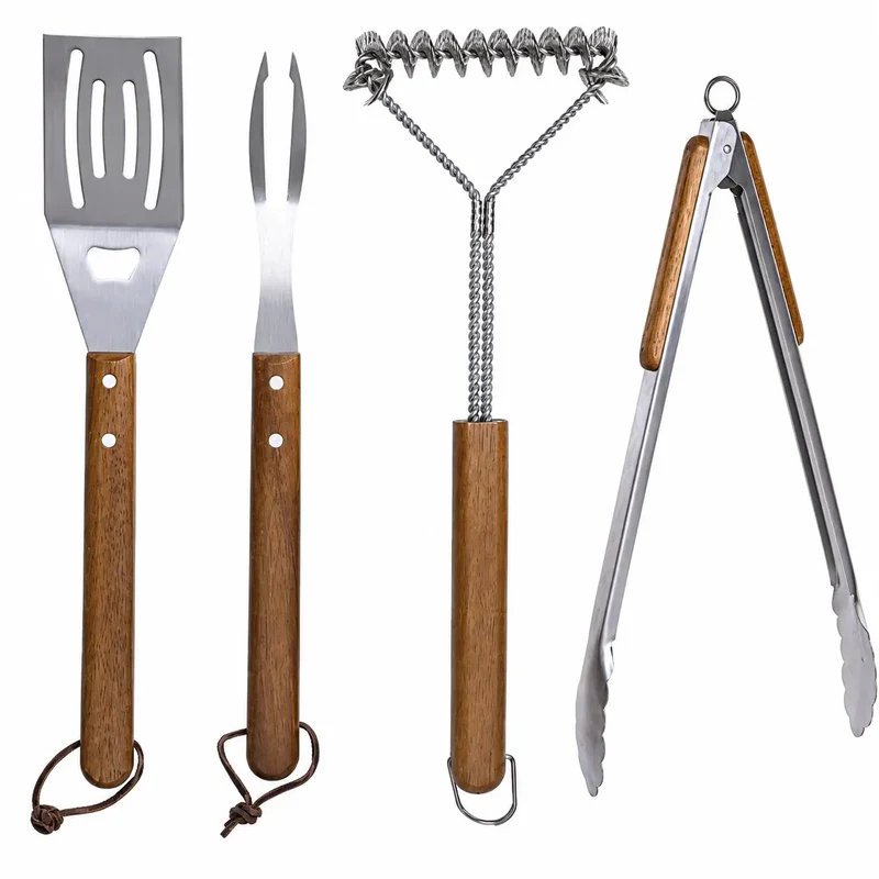SET 4 PIEZAS INOX ACACIA 30X5X42 PARA BARBACOA