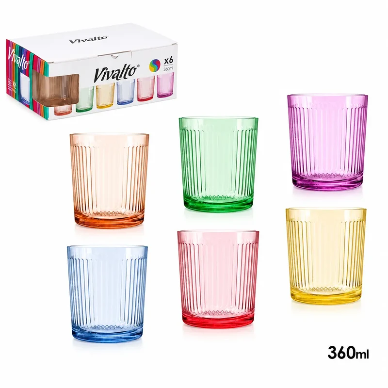 CAJA 6 VASOS VIDRIO RAYAS 360ML 6 COLORES