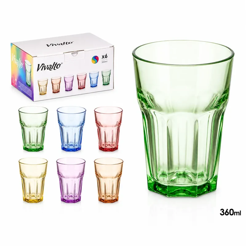 CAJA 6 VASOS VIDRIO 360ML 6 COLORES