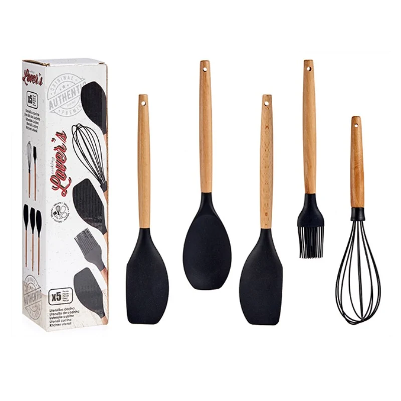 JUEGO DE 5 UTENSILIOS DE COCINA DE SILICONA CON MANGO DE HAYA