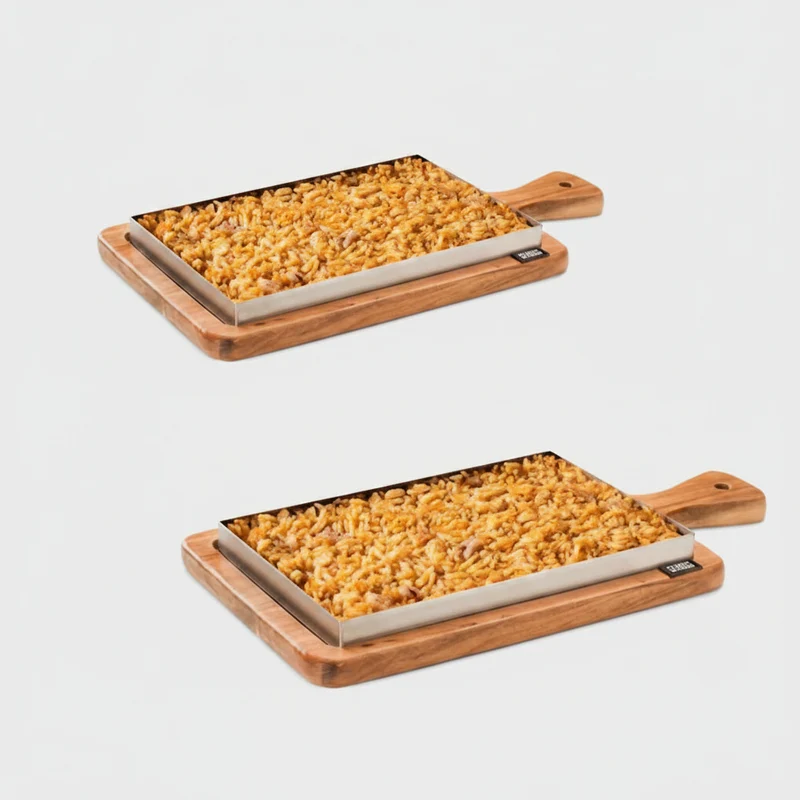 Llauna arroz acero inox + bandeja de madera con mango. 22 x 14 x 2 cm - 6 Uds.