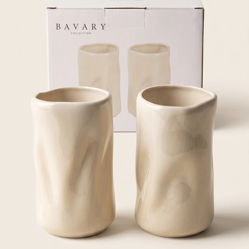 Bavary "Wave" Yüksek Form Kulpsuz Seramik Bardak / Kupa Seti - Bej – 2 Parça (2 x 350 ml)