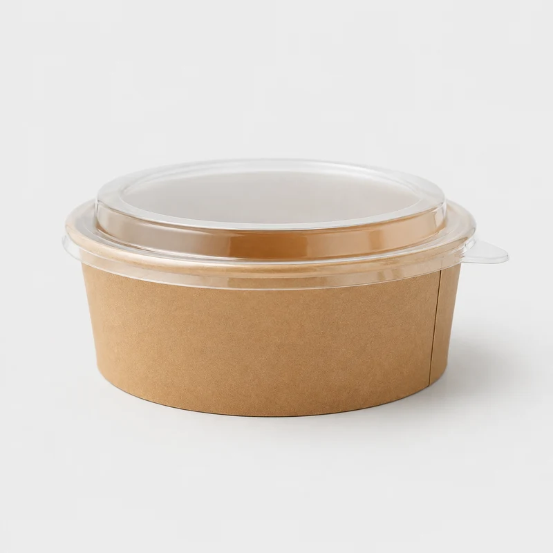 Ensaladera cartón kraft con tapa Buckaty. ø18.4 x 6.5 cm. 1.3 L - 200 Ud.