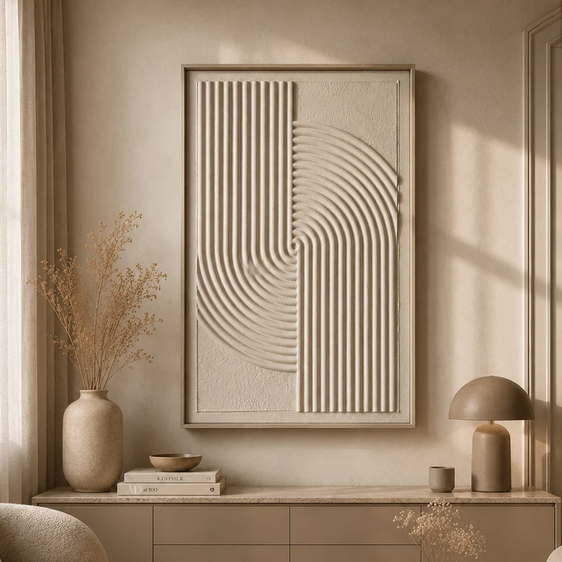 Modern Geometrik Kabartmalı Duvar Tablosu | 80x120 cm | Bej