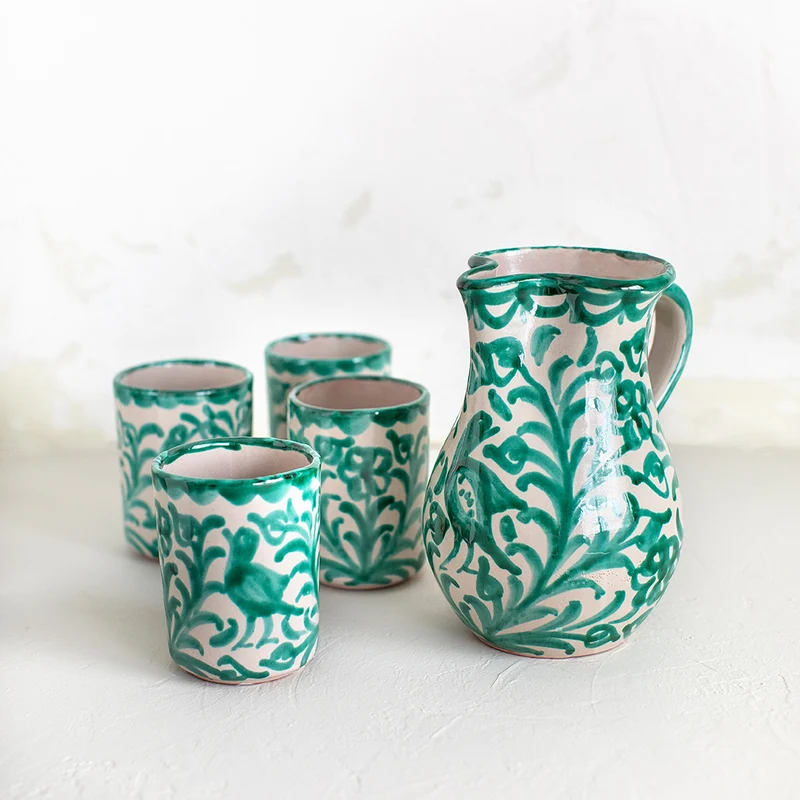 Kit Jarra y 4 Vasos Repintado Verde Cerámica Tradicional Granadina