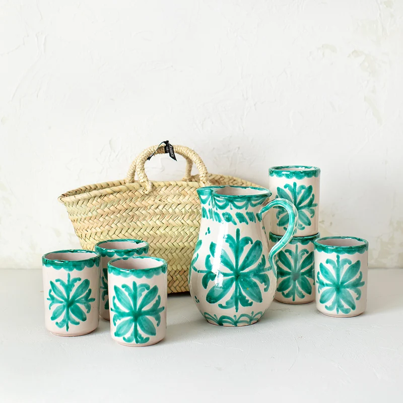 Kit Jarra y 6 Vasos Verde + Cesta Cerámica Granadina