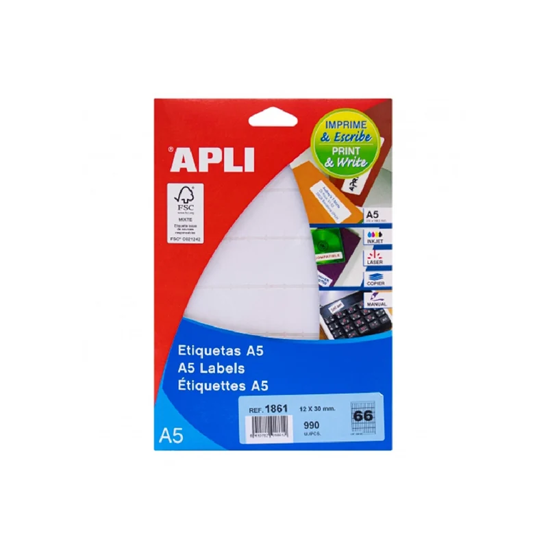 APLI - Etiqueta Adhesiva Blanca 12x30 mm Sobre A5 de 990 Unidades
