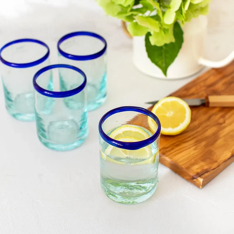 Kit 4 Vasos Grandes Vidrio Reciclado Borde Azul