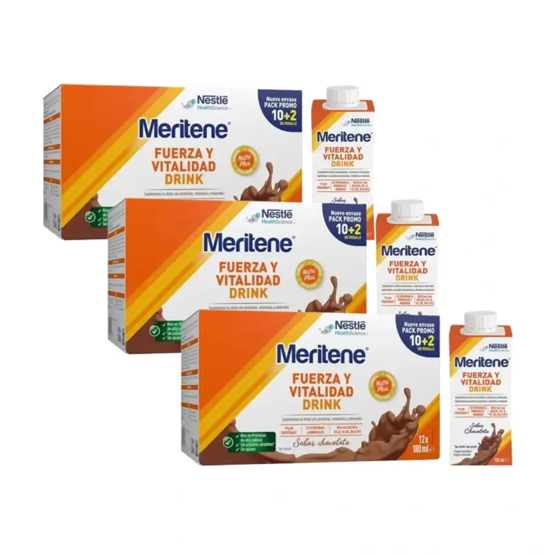 Meritene Fuerza Y Vitalidad Drink Chocolate, 10+2 x 180 Ml, Pack De 3