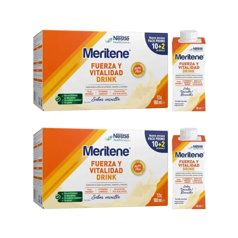 Meritene Fuerza Y Vitalidad Drink Vainilla, Pack 2 cajas 10+2 x 180 Ml