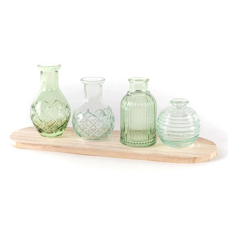 JUEGO DE 4 JARRONES CRISTAL BASE MADERA