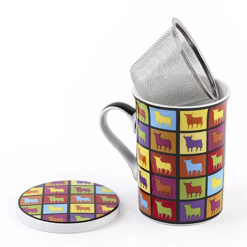 JAVIER Toro Osborne - Taza de Té Cerámica con Tapa y Filtro Metálico