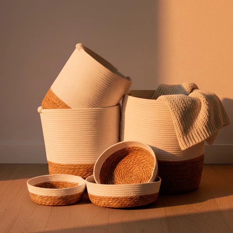 Conjunto de 6 Cestos CÁDIZ KNOT Branco e Natural