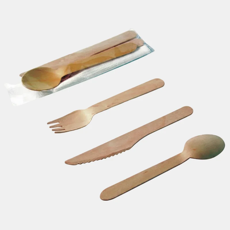 Kit cubiertos de madera con servilleta blanca - 200 Uds.