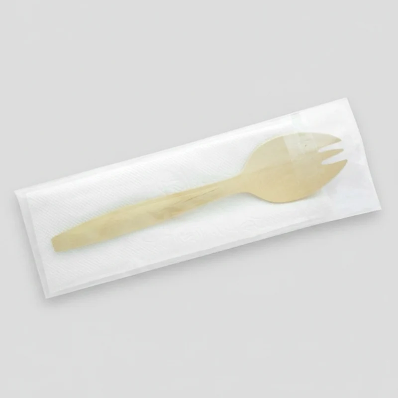Kit 2/1 tenedor-cuchara con servilleta enfundado. 14,7 cm - 250 Uds.