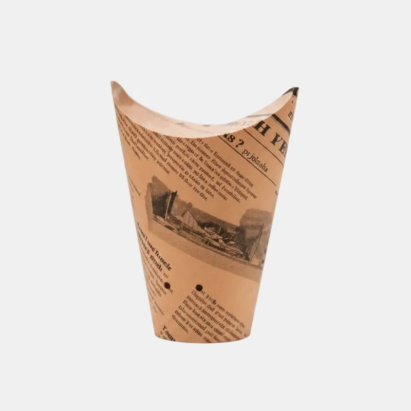 Envase para pastas, tapas y patatas de cartón kraft diseño periódico. ø6 x 10cm 480ml - 1000 Uds.