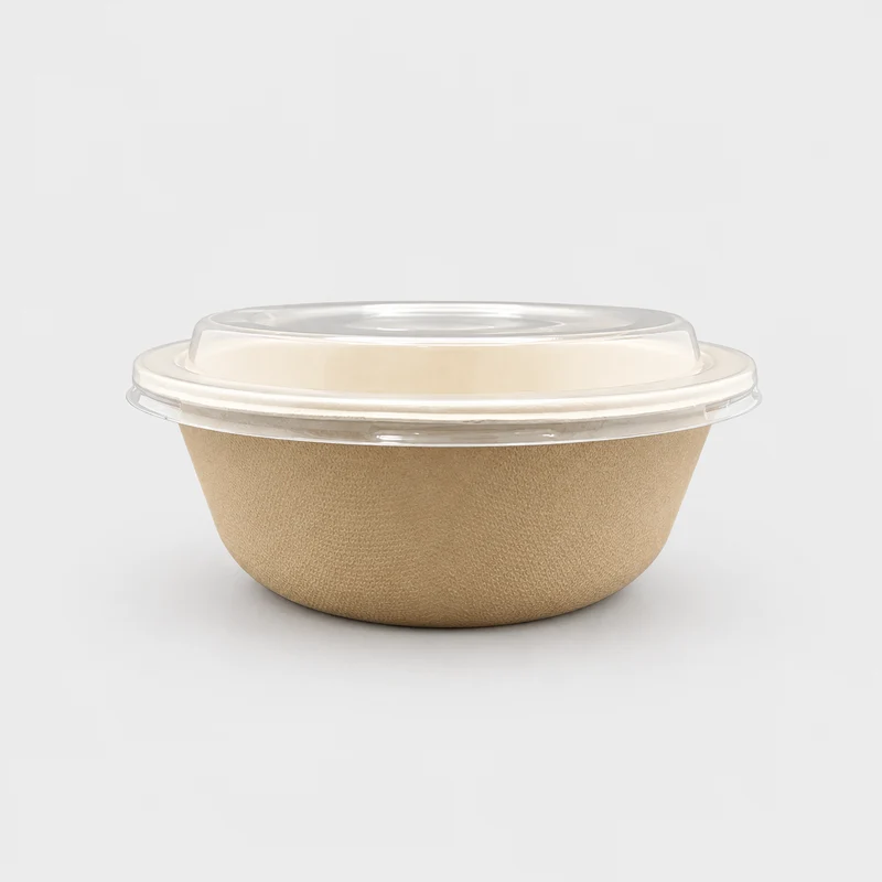 Bowl ensaladera de pulpa de caña de azúcar con tapa Pet. Varias capacidades - 300 Uds.