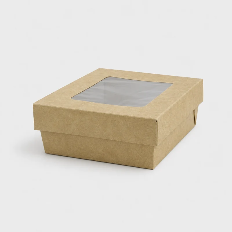 Caja de cartón kraft con ventana. 13.5 x 13.5 x 5 cm. 500 ml - 250 Uds.