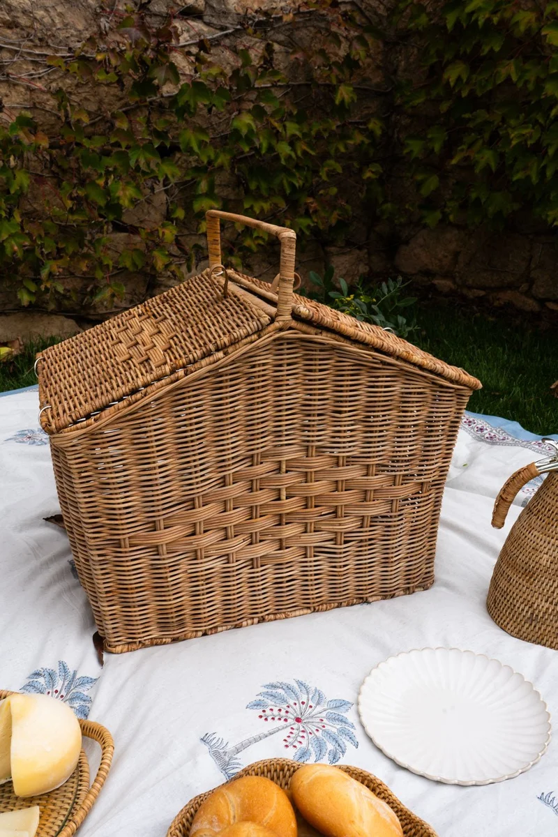 Cesta De Picnic De Ratán Con Asa Y Tapa