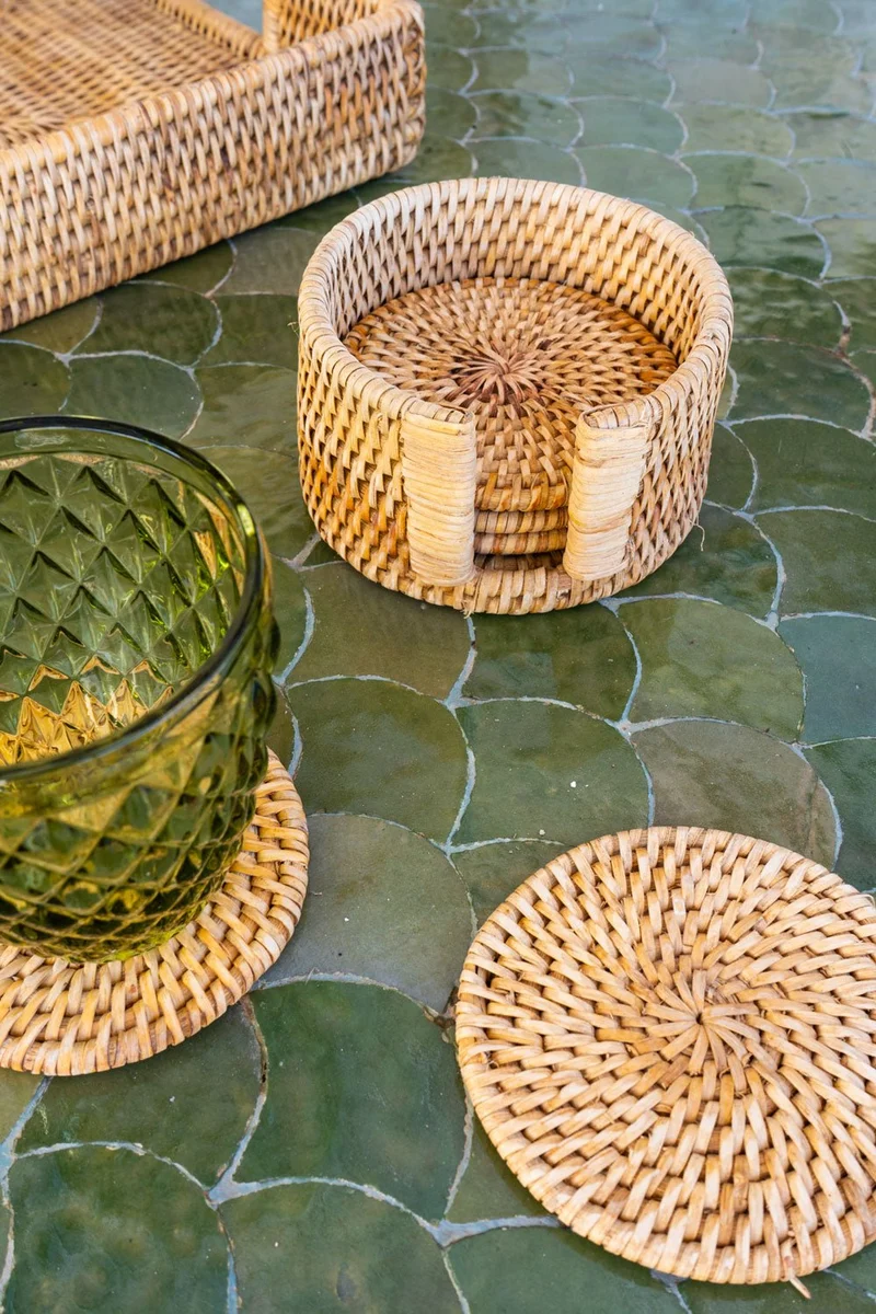 Set 6 Posavasos Redondos De Ratán Marrón Natural