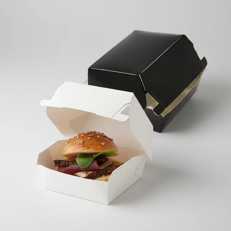 Mini caja de cartón negra para hamburguesa. 8 x 9 x 5 cm - 100 Uds.