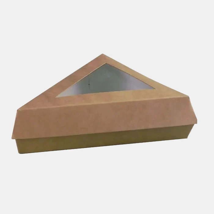 Caja pastelera triangular de cartón kraft con ventana. 15,5 x 13 x 4,5 cm - 200 Uds.
