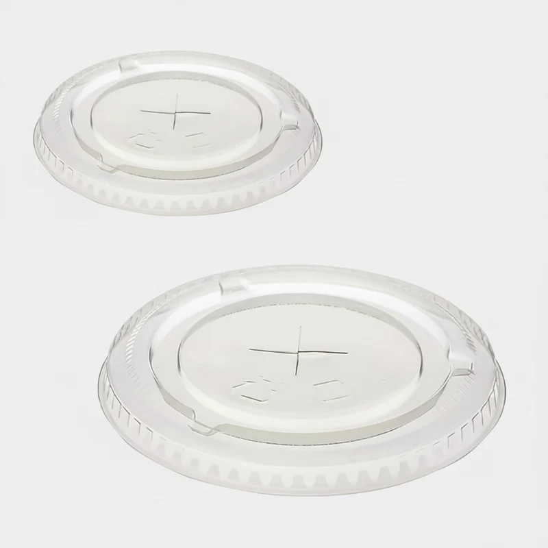 Tapa plana reciclable con cruz para vaso de plástico RPET transparente - 1000 Uds.