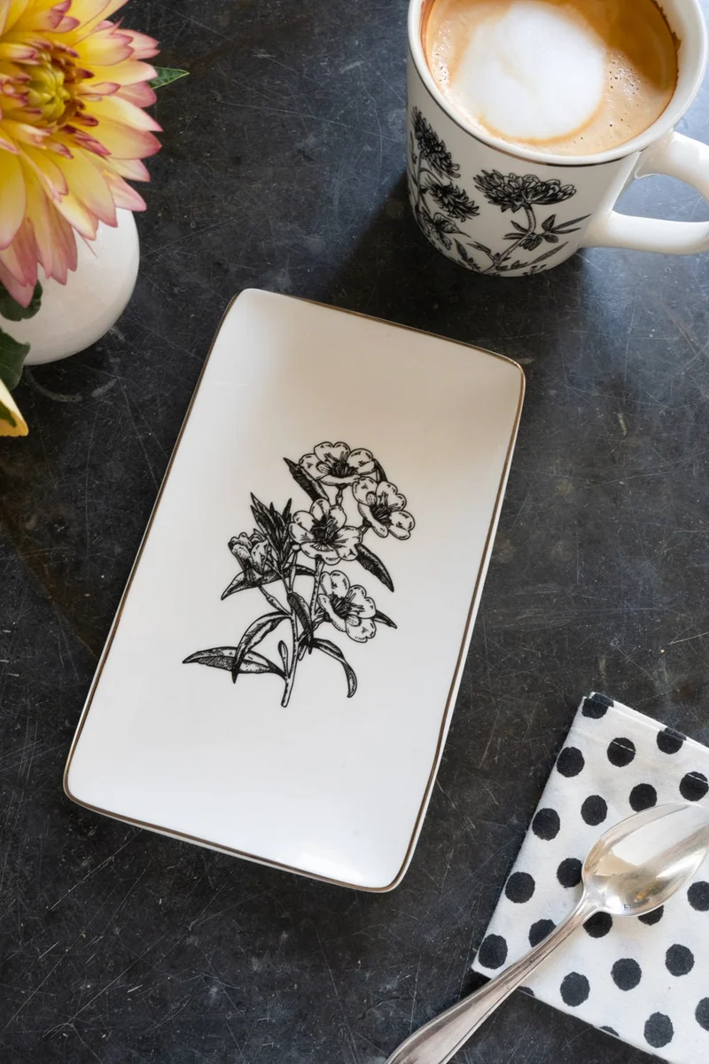 Bandeja Negra Y Blanca Con Diseño De Flores