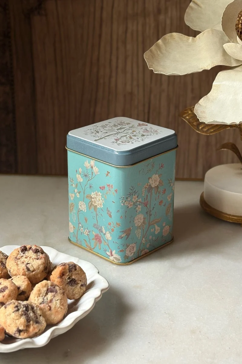 Cookies En Bote Metálico Diseño Flores Azul