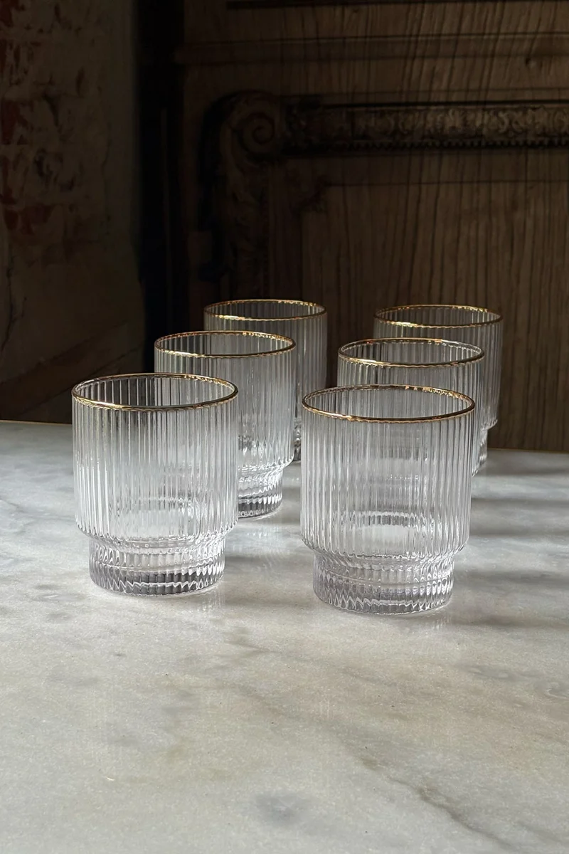 Set 6 Vasos Rayados Con Filo Dorado