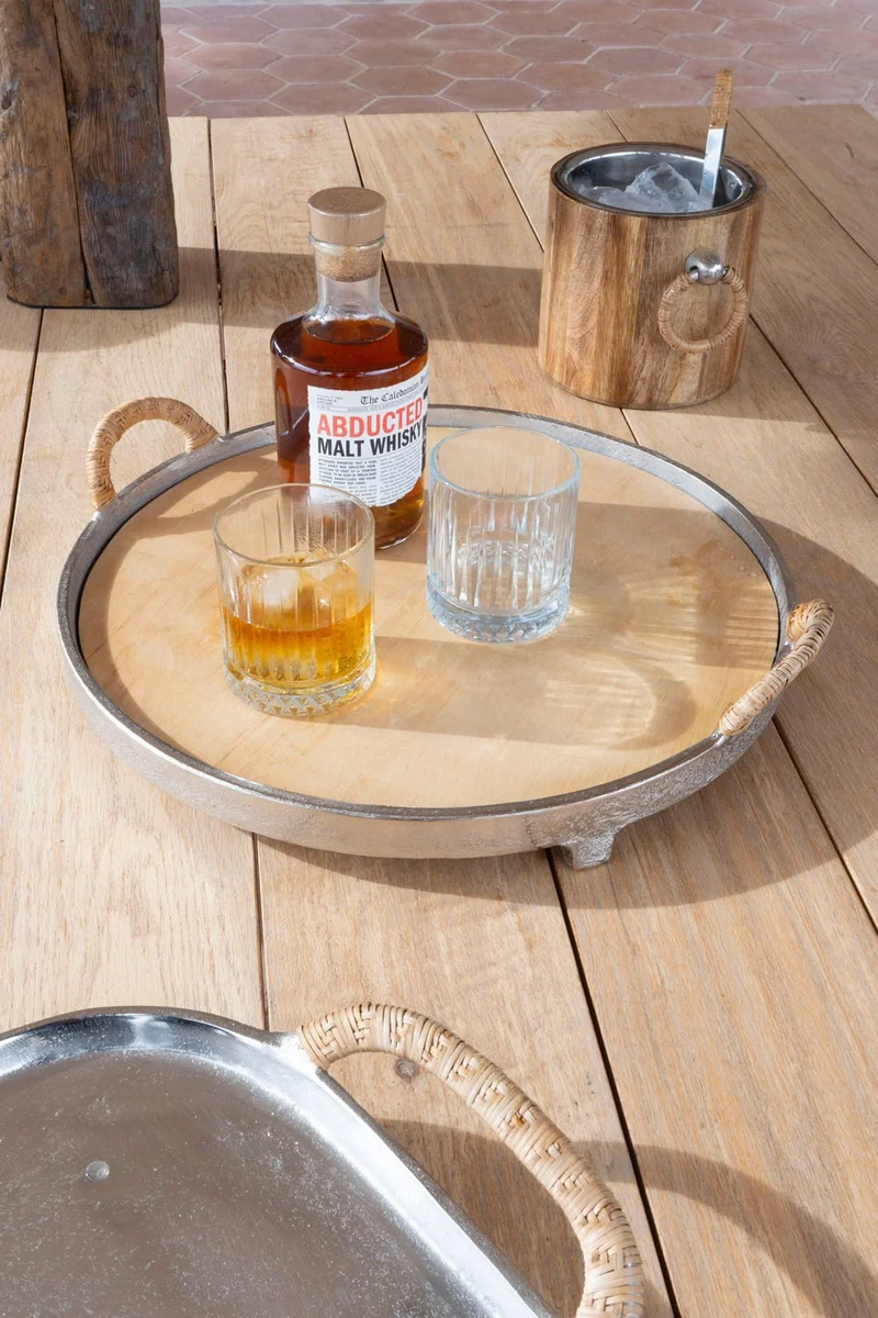Bandeja Redonda De Madera Y Aluminio Con Asas De Ratán