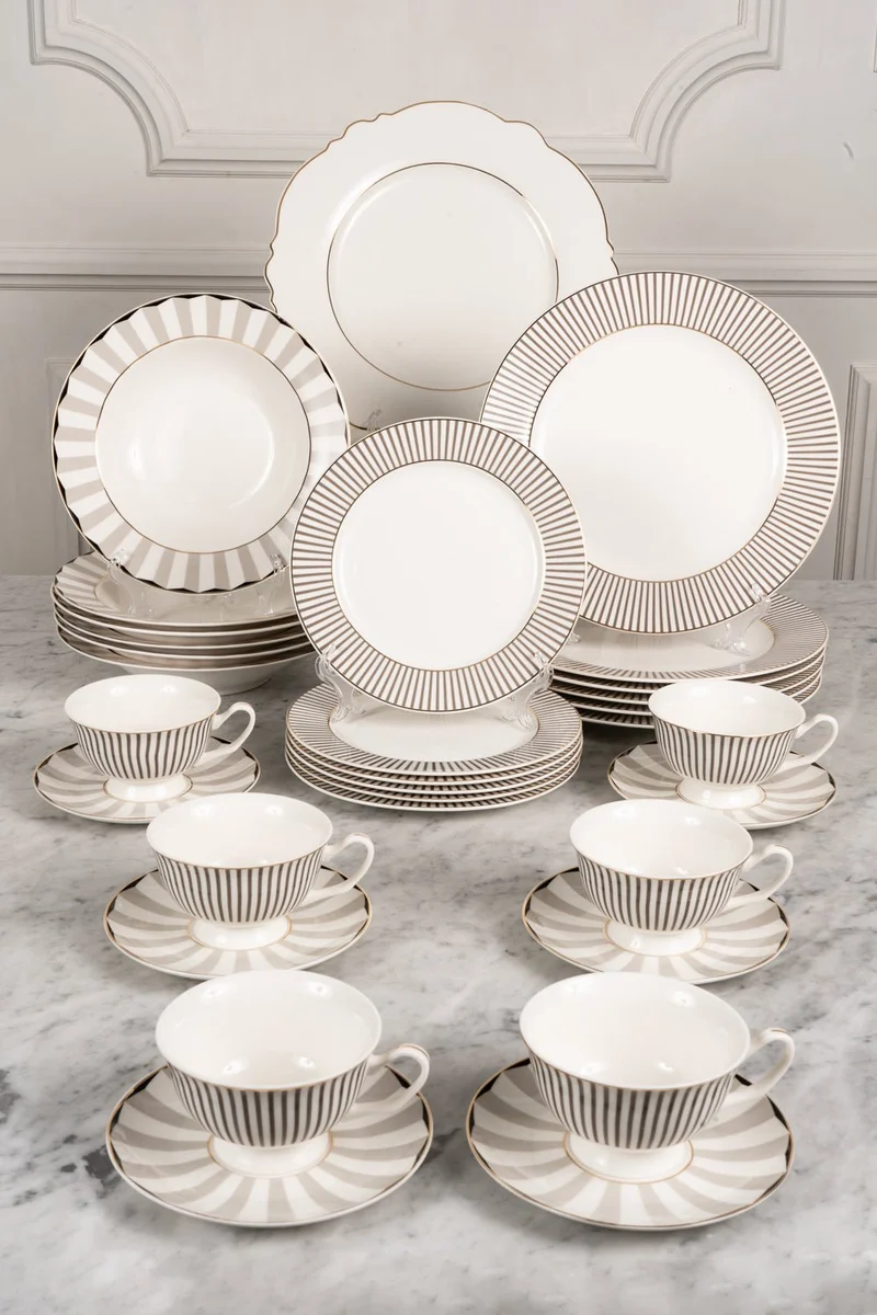 Vajilla Blanca Y Gris Con Tazas Y Bajoplatos 6 Personas
