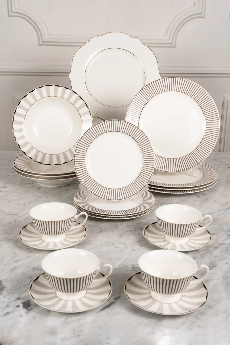 Vajilla Blanca Y Gris Con Tazas Y Bajoplatos 4 Personas