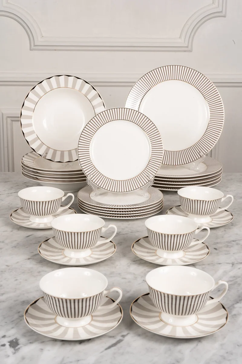 Vajilla Blanca Y Gris Con Tazas 6 Personas