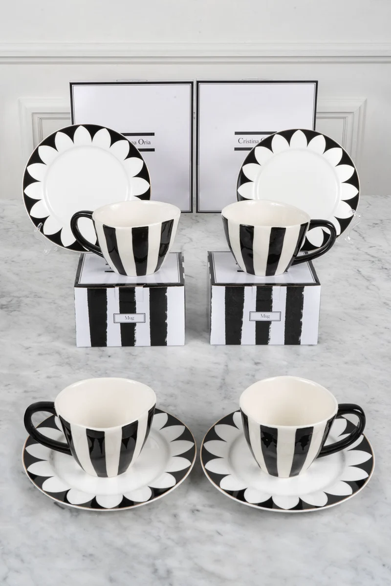 Mug Artesana Rayas & Plato De Postre Ondas Para Dos Personas