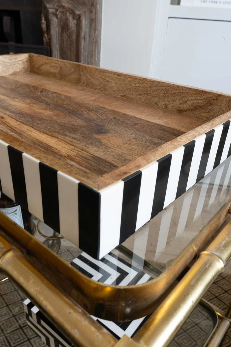 Bandeja De Resina Y Madera Con Diseño De Rayas Blancas Y Negras Grande