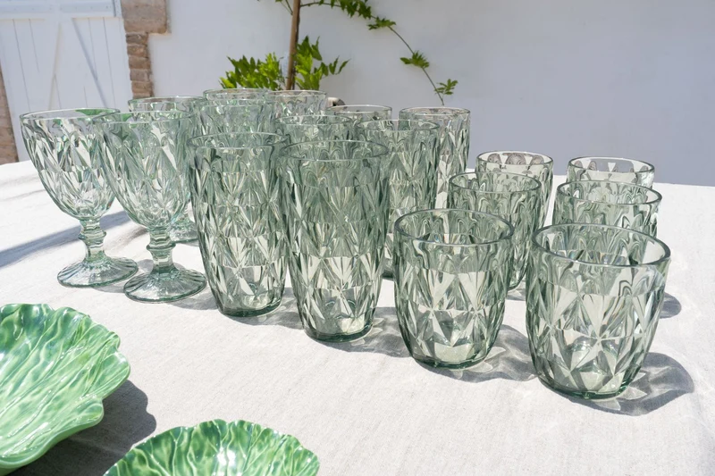 Cristalería Completa Acrílica Verde Con Diseño De Rombos
