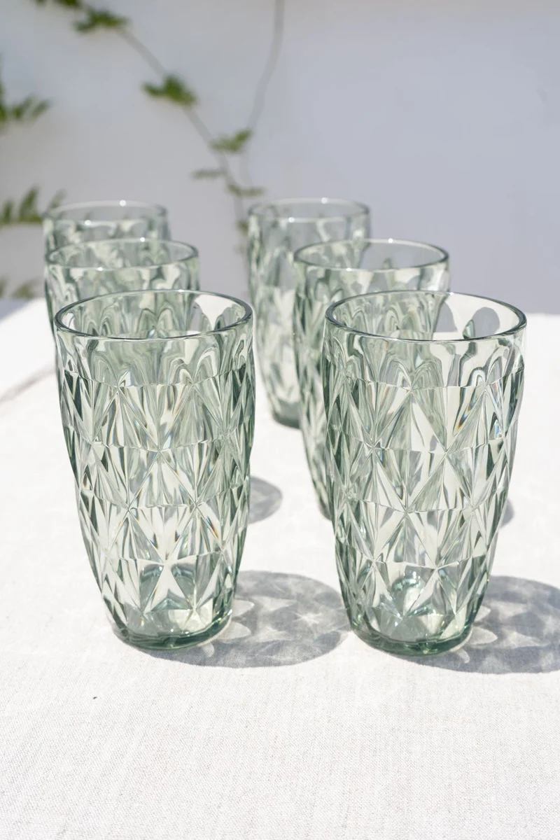 Set 6 Vasos Grandes Verdes Acrílicos Con Diseño De Rombos