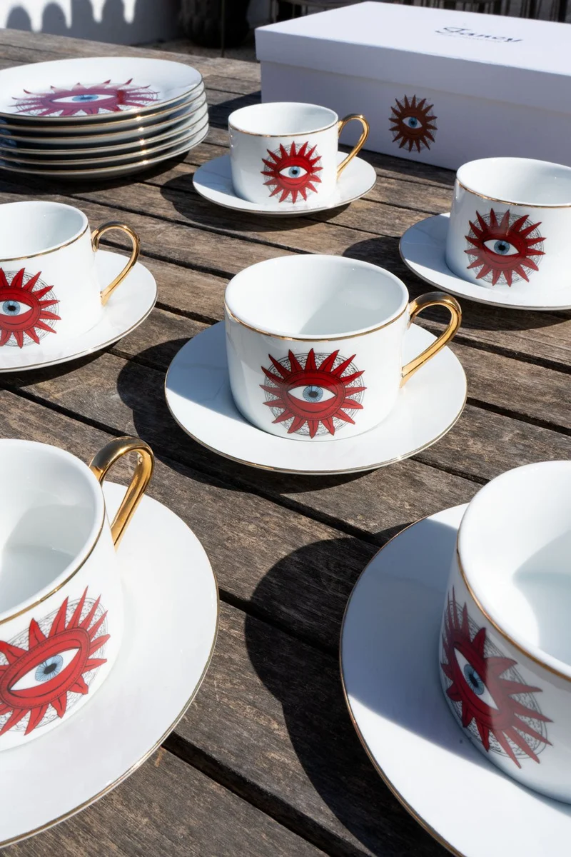 Set 6 Tazas Y Platos De Porcelana Con Diseño Good Luck