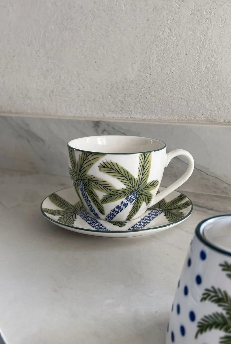 Taza & Plato De Porcelana Diseño Palmeras