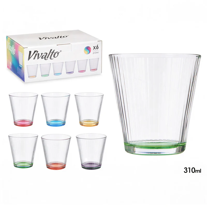 CAJA 6 VASOS VIDRIO RAYAS TRANSP. COLOR 310ML