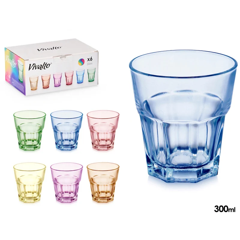CAJA 6 VASOS VIDRIO 300ML SURT 6 COLORES