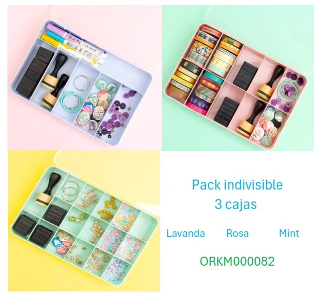 Pack especial indivisible con 3 cajas con compartimentos, Mint, Rosa y Azul Lavanda