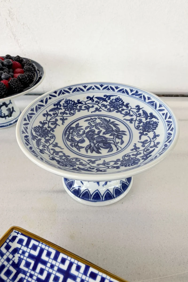 Base Con Pie De Porcelana Azul Y Blanca