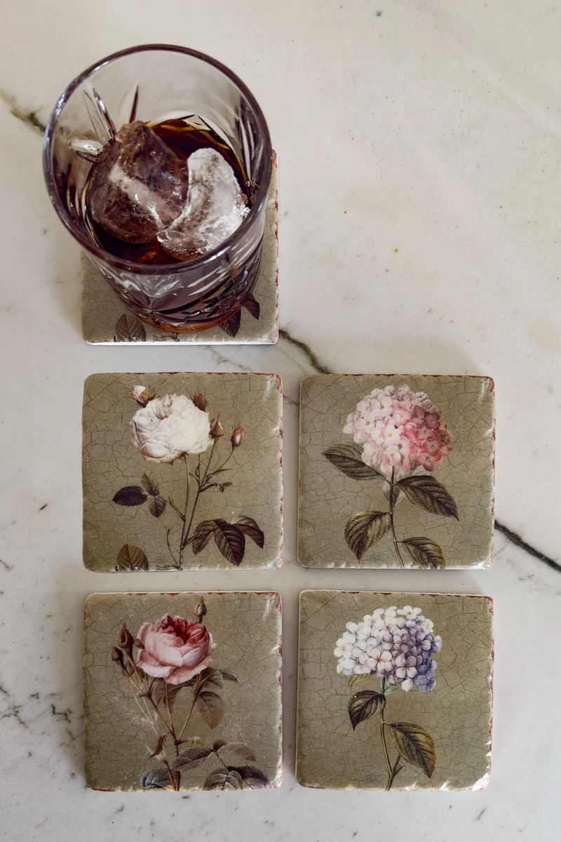 Set 4 Posavasos De Mármol Diseño Flores