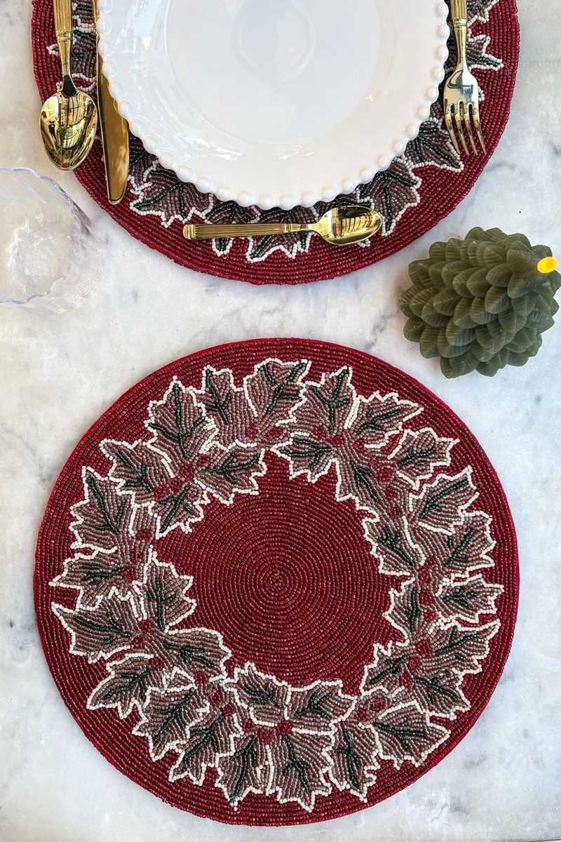 Individual Corona De Navidad Bordado Con Cuentas