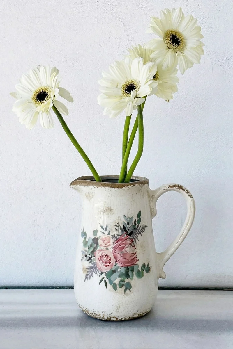 Jarra De Cerámica Envejecida Diseño Rosas
