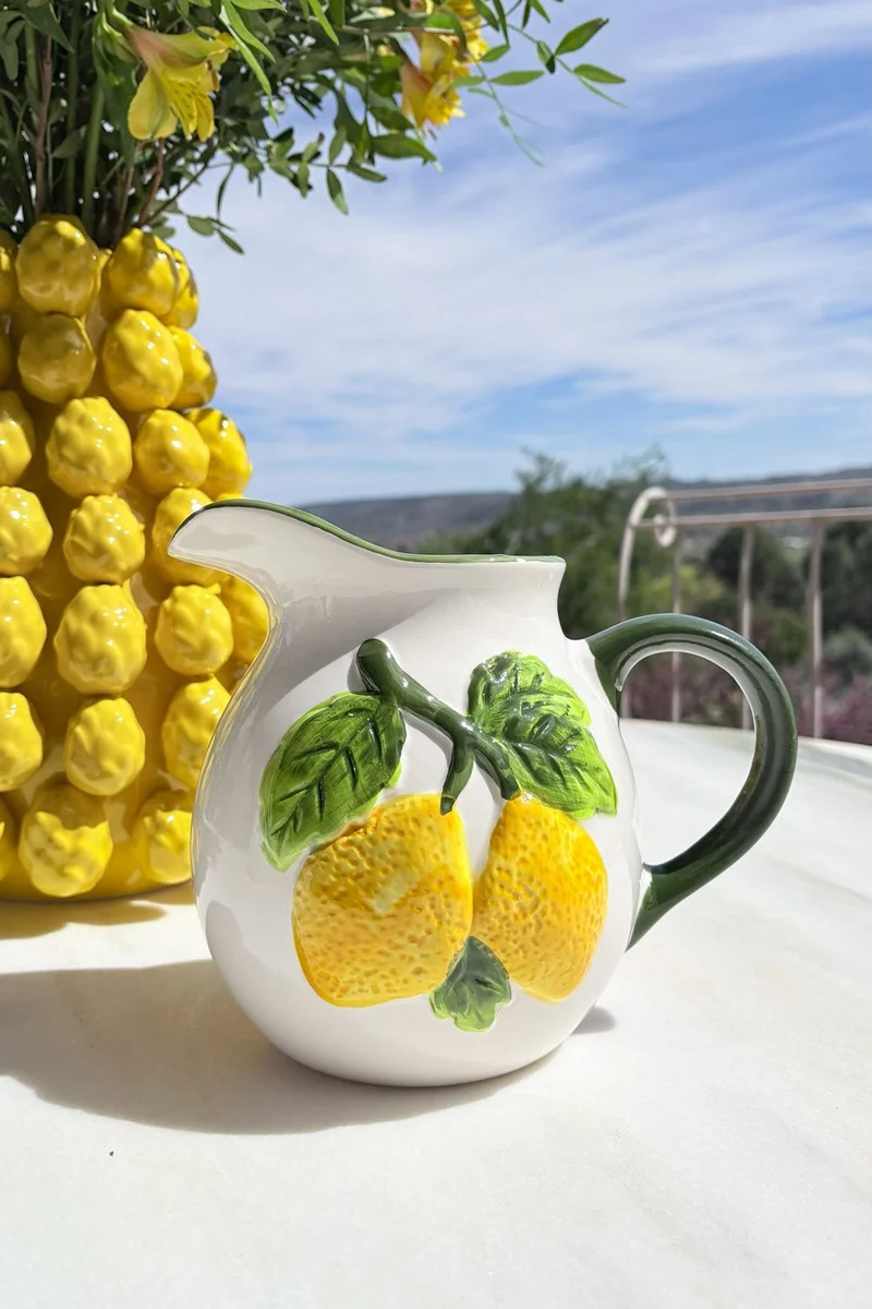 Jarra De Cerámica Diseño Limones Con Asa Verde