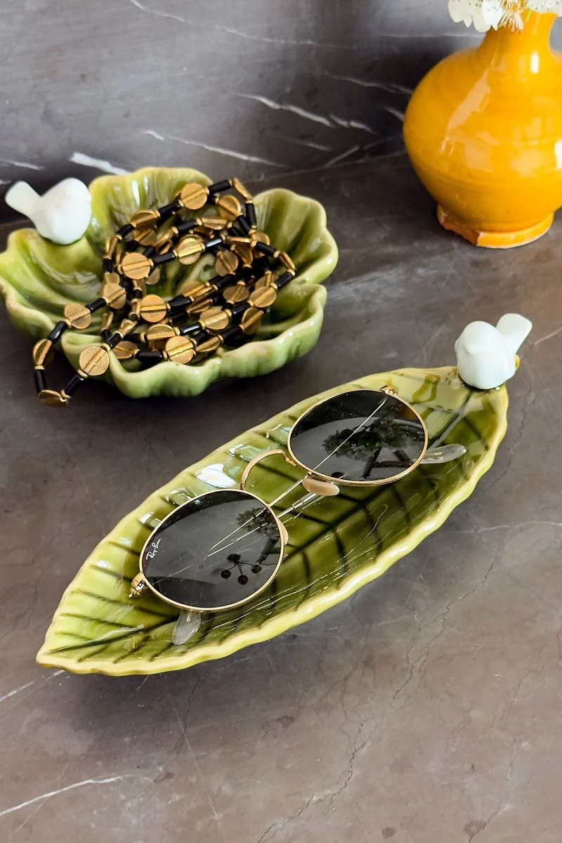 Bandeja Decorativa Verde Flor Con Pájaro Blanco